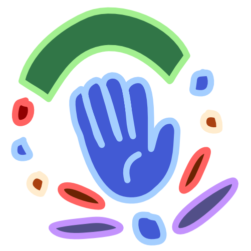 A blue hand palm out with light line art sits below a green arch. Trailing from the ends of the arch are small circles, 3 on the left, red, blue, yellow, 2 on the right, blue, yellow. Below the hand and between the dots  is another circle, blue, and two pairs of ovals. The bottom pair are almost perpendicular to the blue circle, and are purple. The second pair is above the bottom pair and align in an acute angle. These ovals are red. This arrangement of shapes makes a circle around the hand. The image has light line art